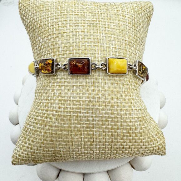Bezel Set Amber Sterling Silver Link Bracelet Baltic Butter Cognac Honey Amber - Picture 11 of 13